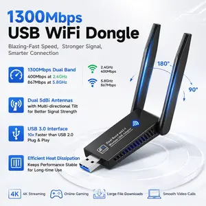 1300Mbps High-Speed USB WiFi Adapter for PC Laptop, Dual Band 5GHz 2.4GHz with Dual Antennas, Compatible Windows 11/10/8/7, Stable Wireless Internet Connection for Desktop & Notebook