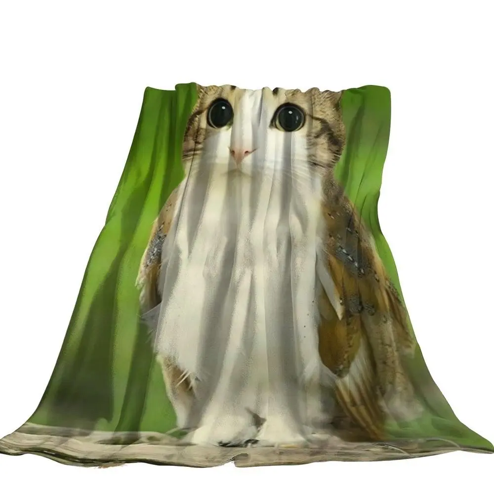 Funny Cat and Owl Print Plush Blanket, Multi-Functional Nap and Air Conditioning Blanket, Sofa Throw, Office, Bed, Camping Travel Blanket, All Seasons Gift