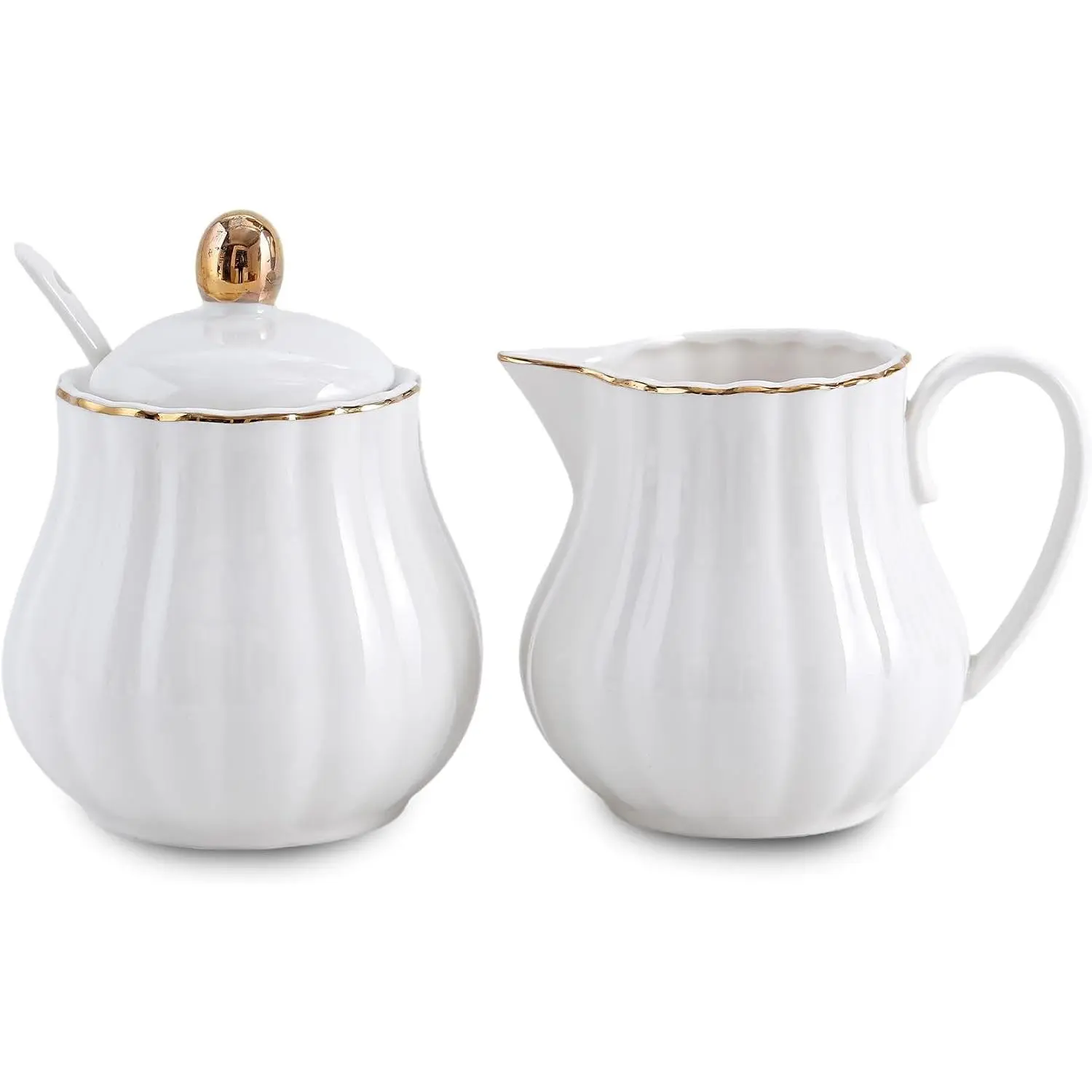 Ceramic Sugar and Creamer Set, 3 Piece Set with Cream Pitcher, Sugar Bowl, Spoon (White)