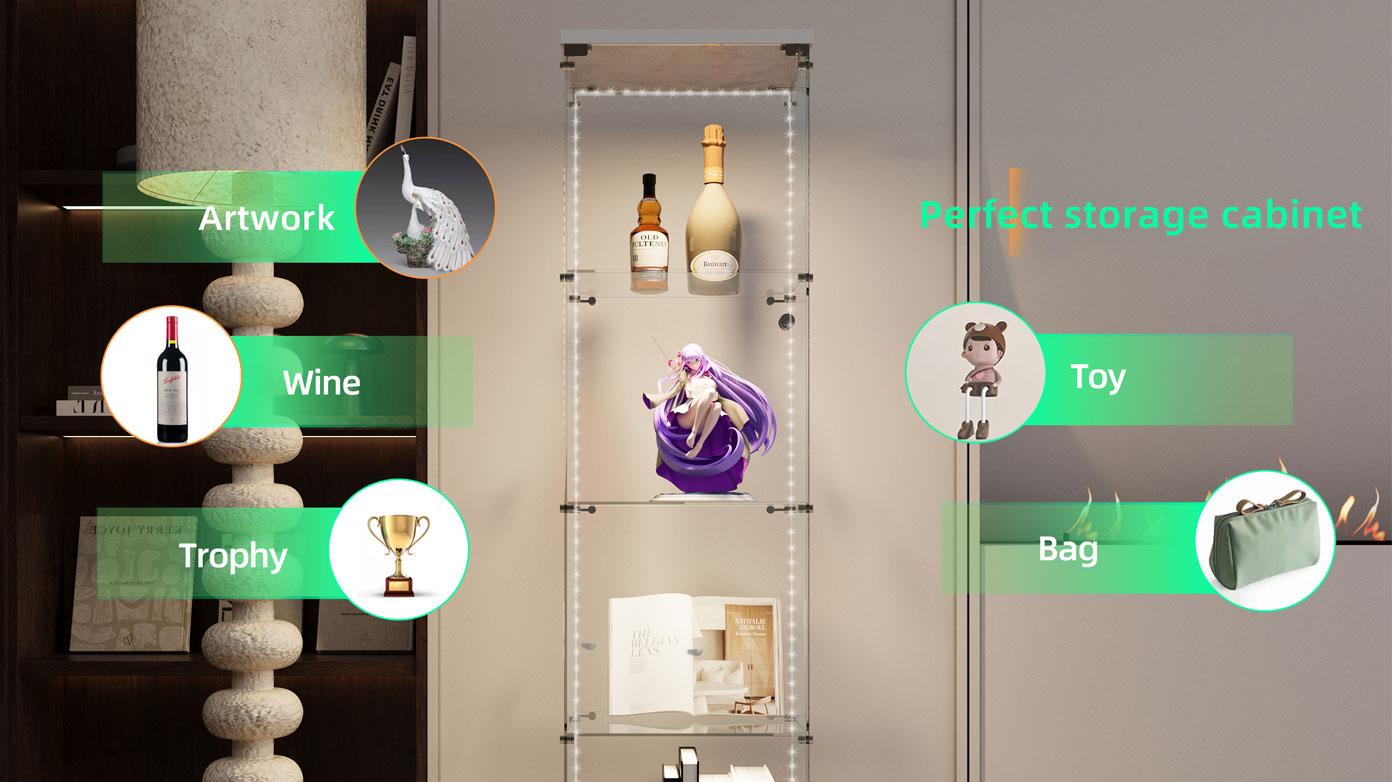 Bellemave Tempered Glass Display Cabinet with Bluetooth LED Light Strip Lockable Door on Casters for Living Room Bedroom Hallway Office White