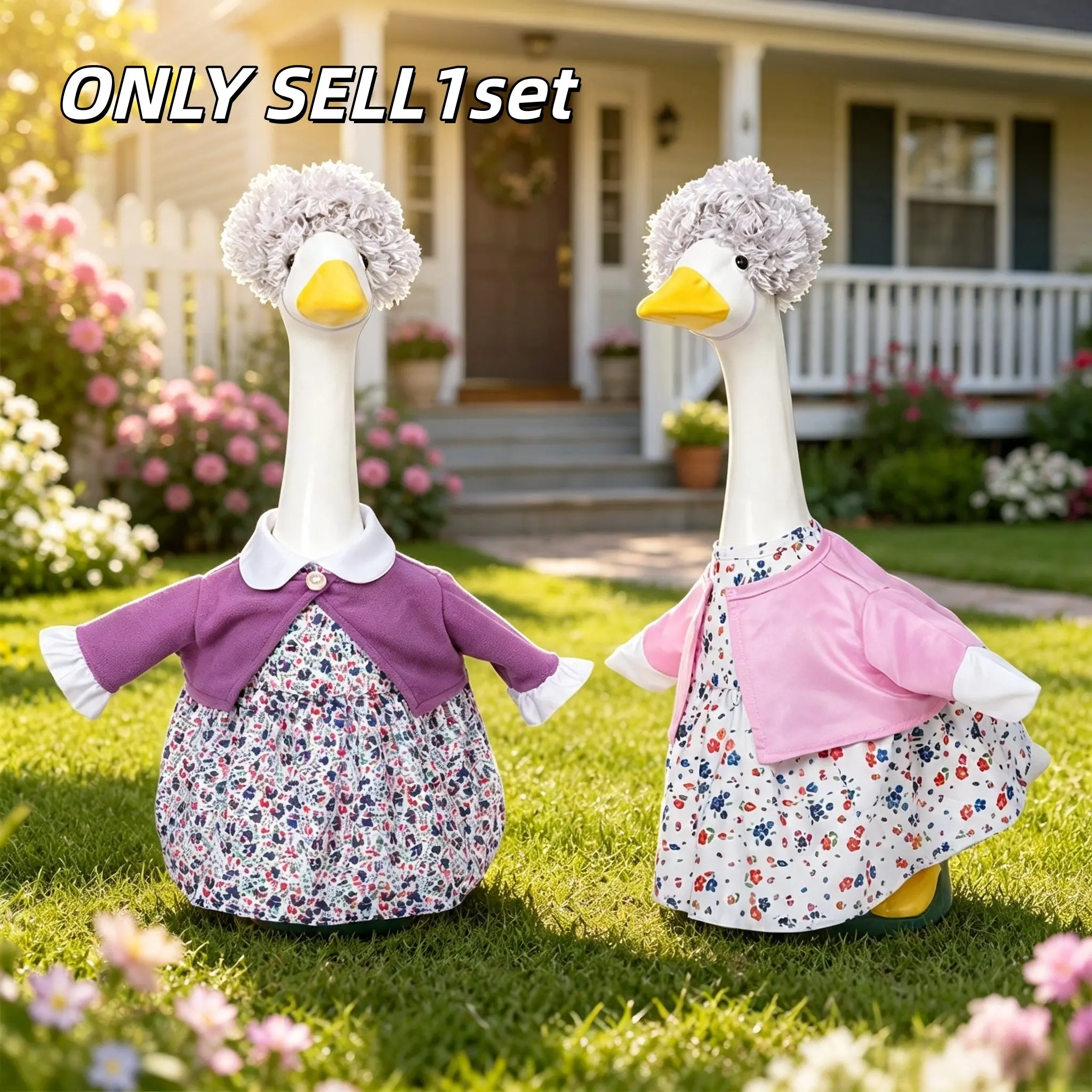 1 Set Grandma-style Floral Dress, Cardigan, Wig and Cane Costume Set, Fits 23-inch Porch Goose Statue, Fun Charming Holiday Decor Outfit Decoration for Front Yard & Porch (Goose Not Included)