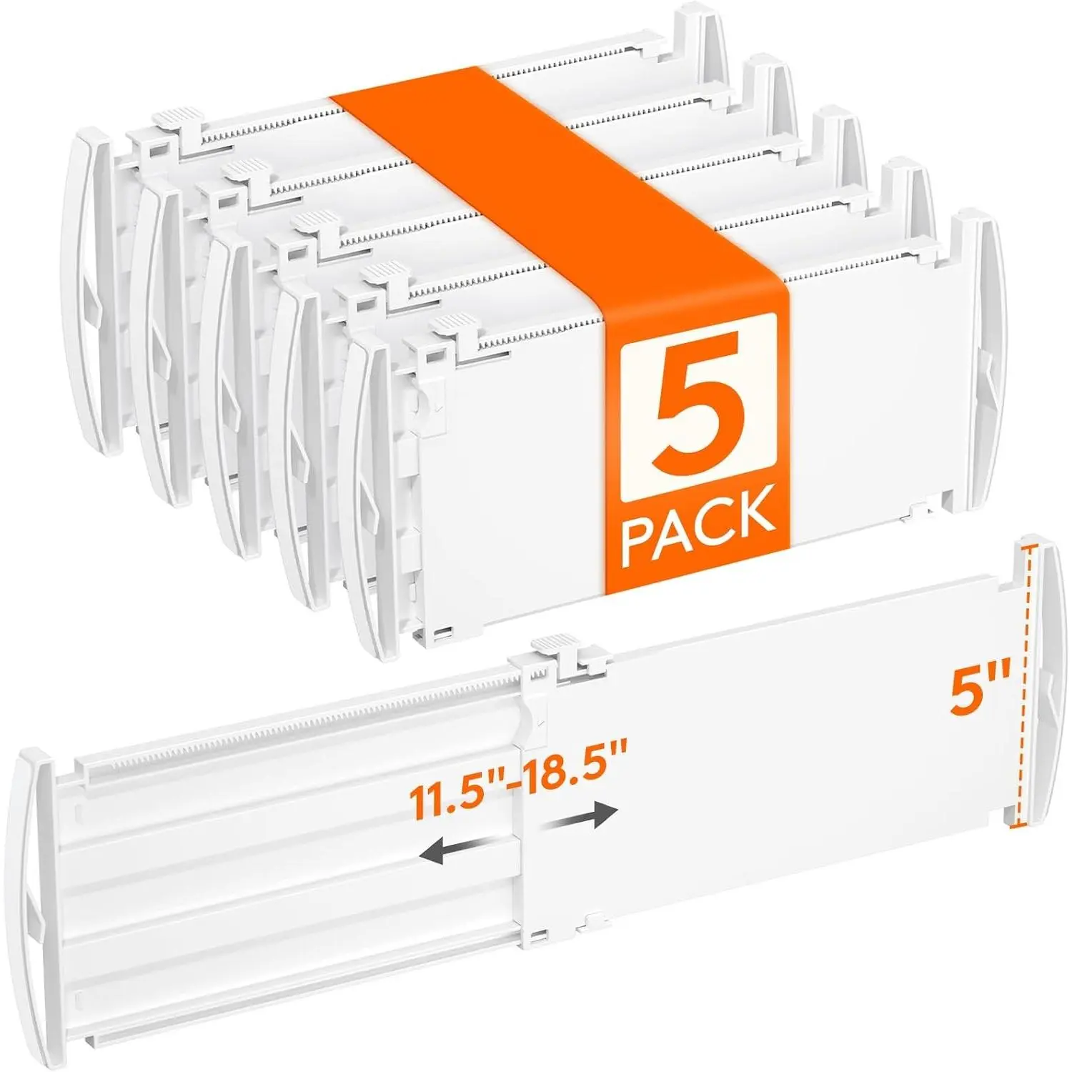 5" High 5 Pack Drawer Dividers, 11.5"-18.5" Adjustable Deep Drawer Organizer Clothes, Expandable White Plastic Separators for Dresser, Kitchen, Cabinet, Nursery, Office Organization & Storage