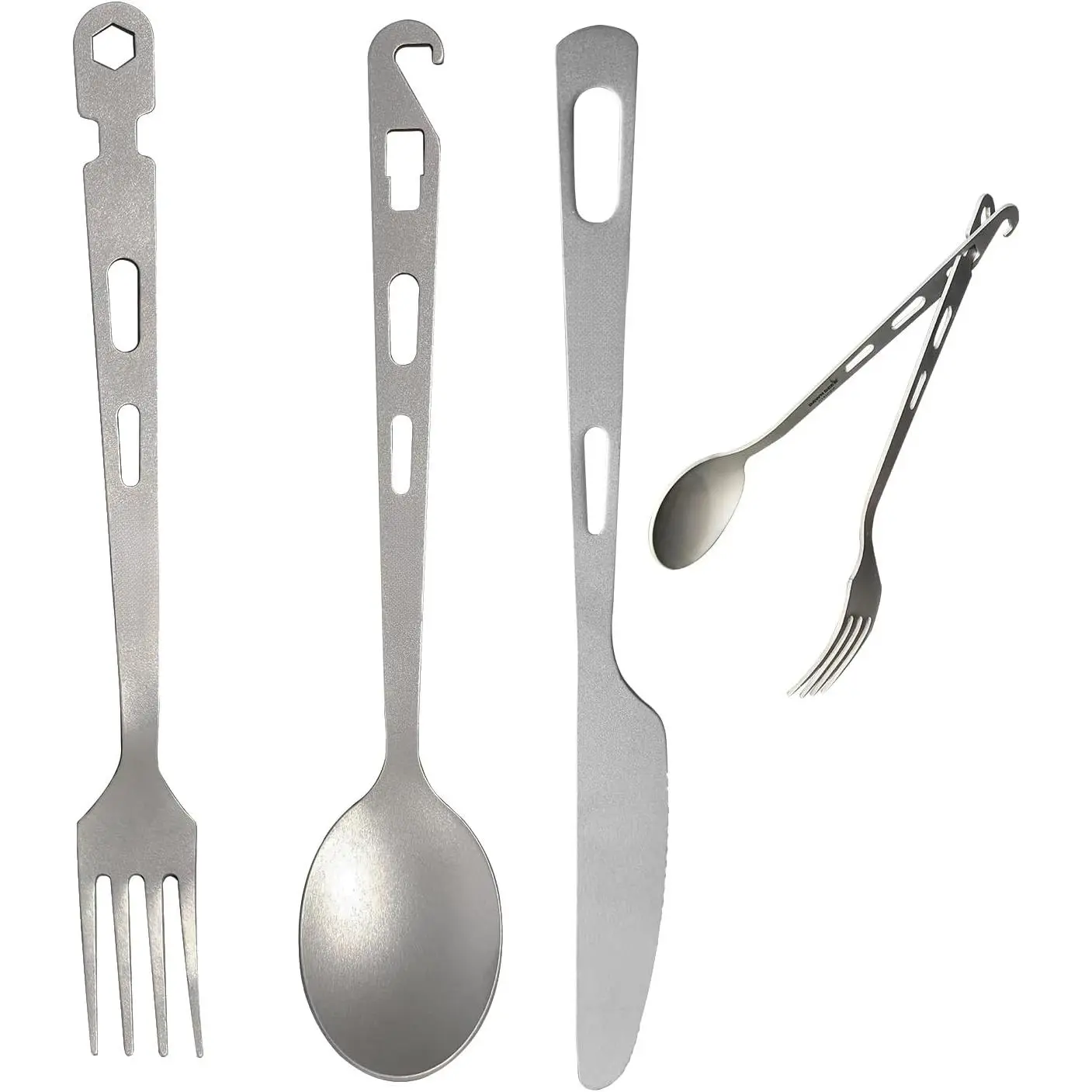 Ultralight Titanium Utensil Set, 4 in 1 Convertible Tongs with Spoon, Fork & Knife, Wear-Resistant Portable Cutlery for Hiking, BBQ Party, (Fork+ Spoon)* 2, (Knife+ Fork+ Spoon)* 2