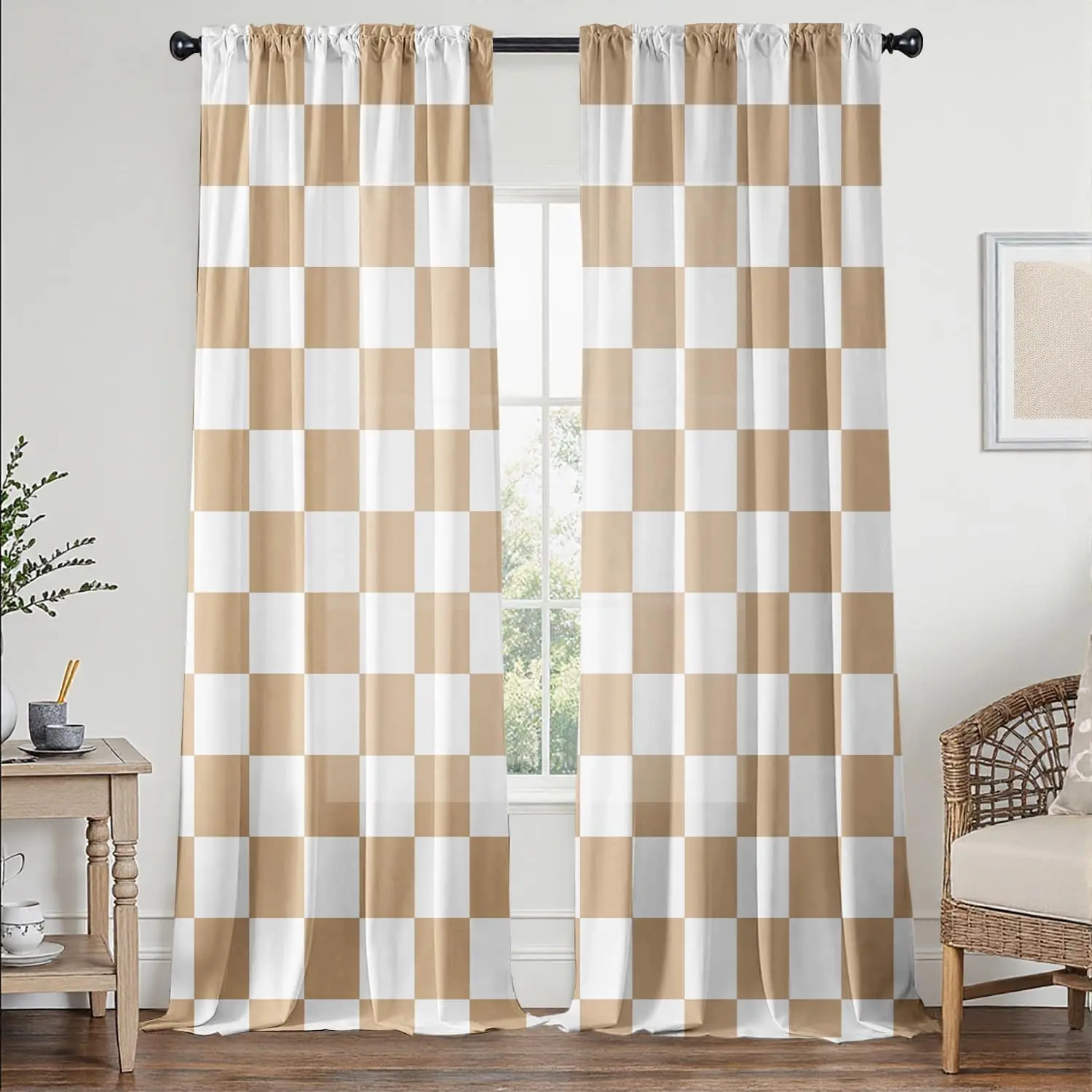 Beige Checkered Curtains for Bedroom,Rod Pocket Brown and White Semi Sheer Curtains  Retro Checkerboard Light Filtering Drapes for Living Room,Set of 2 Window Curtain Panels,52 x 72 Inch