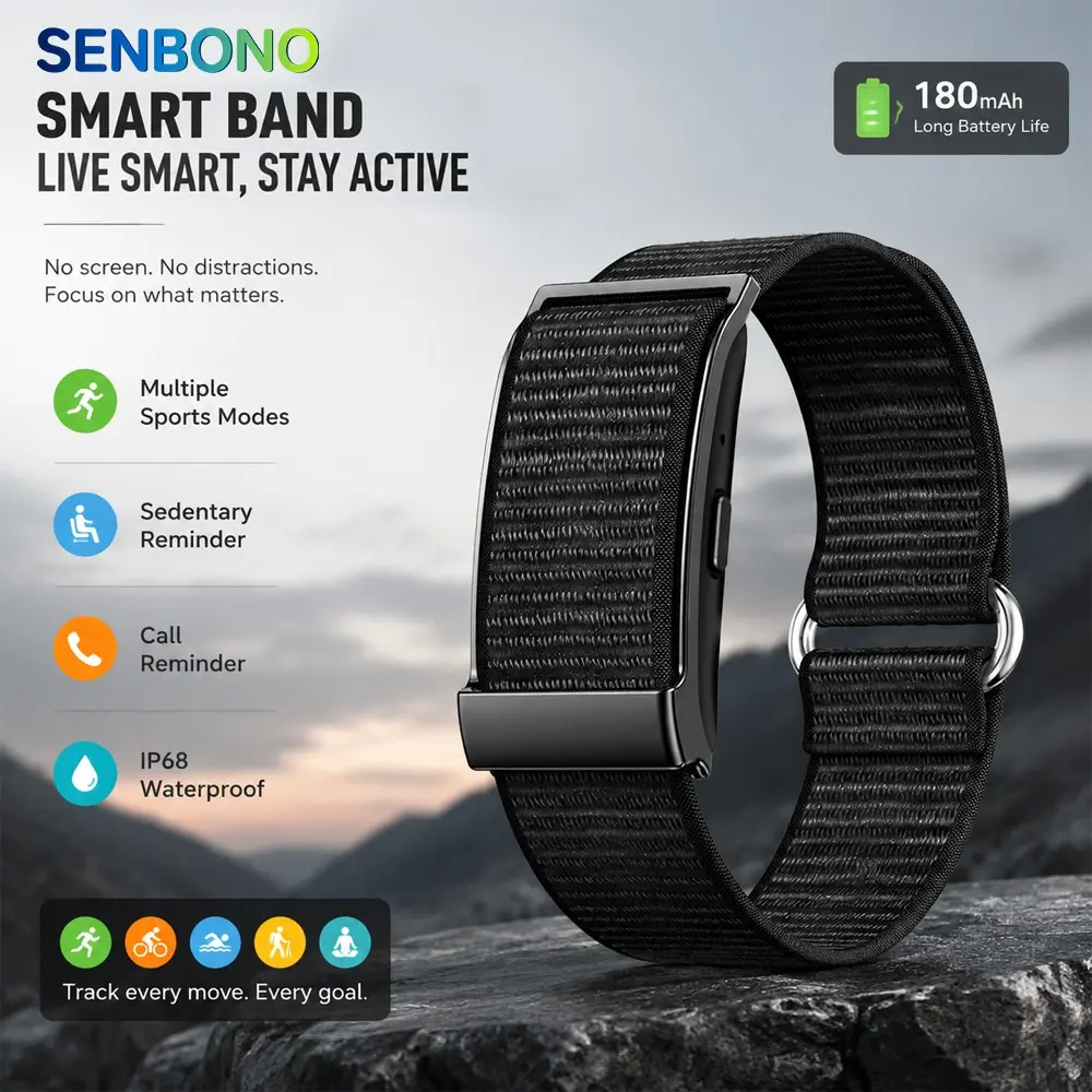 SENBONO Outdoor Sports Screenless Smart Bracelet: Waterproof, 180mAh, Bluetooth call reminder, alarm clock, remote control, photography bracelet, sedentary reminder, records 170 sports data points, lightweight nylon strap, unisex casual wear bracelet