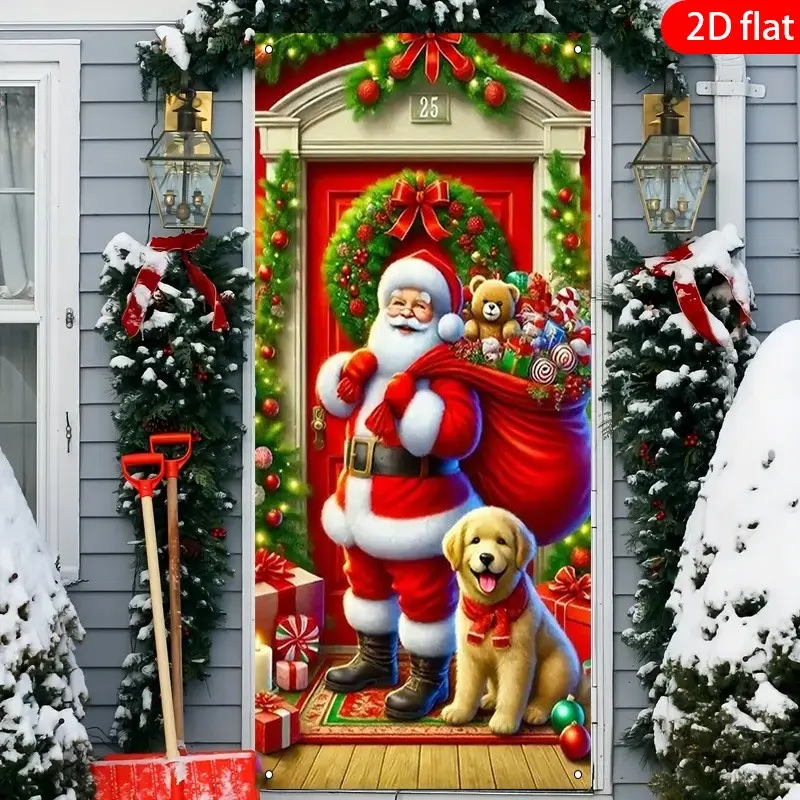 Christmas Santa and Puppy Theme Banner, Home Decor Photography Background, Living Room Bedroom Office Party Birthday Decoration, Winter Christmas Theme