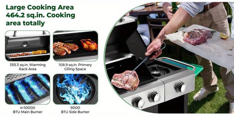 49, 000 BTU Propane Gas Grill (4-Burner) - Premium Stainless Grates, Built-In Side Burner for Multi-Style Cooking, Great for Patios, Backyards & Camping 49, 000 BTU Propane Gas Grill (4-Burner) - Premium Stainless Grates, Built-In Side Burner for Multi-Style Cooking, Great for Patios, Backyards & Camping