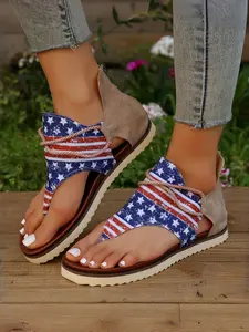Women's & Men's American Flag T-Strap Sandals, Independence Day Platform Thong Sandals, Denim Open Toe Shoes, Side Zipper Slip-On Design, Breathable Fabric Upper, Comfortable Non-Slip Sole, Casual Summer Shoes for Holiday Parties, Streetwear, Daily Wear