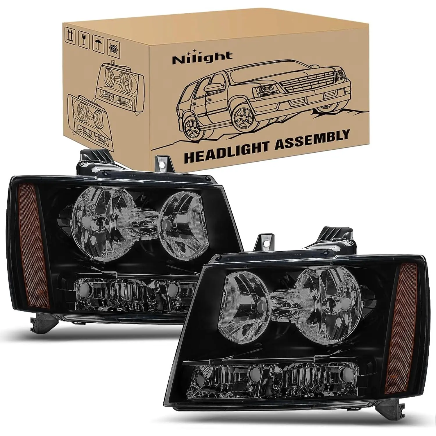 Nilight LED Headlight & Bumper Lamp Set for 2007-2014 Chevy Avalanche, Tahoe, Suburban 1500/2500 - Car Lighting, IP65 Rated, UV Resistant, Plug-and-Play, Black Housing, Amber Reflector, Smoked Lens Replacement Assembly (Driver & Passenger Side), Adjustabl