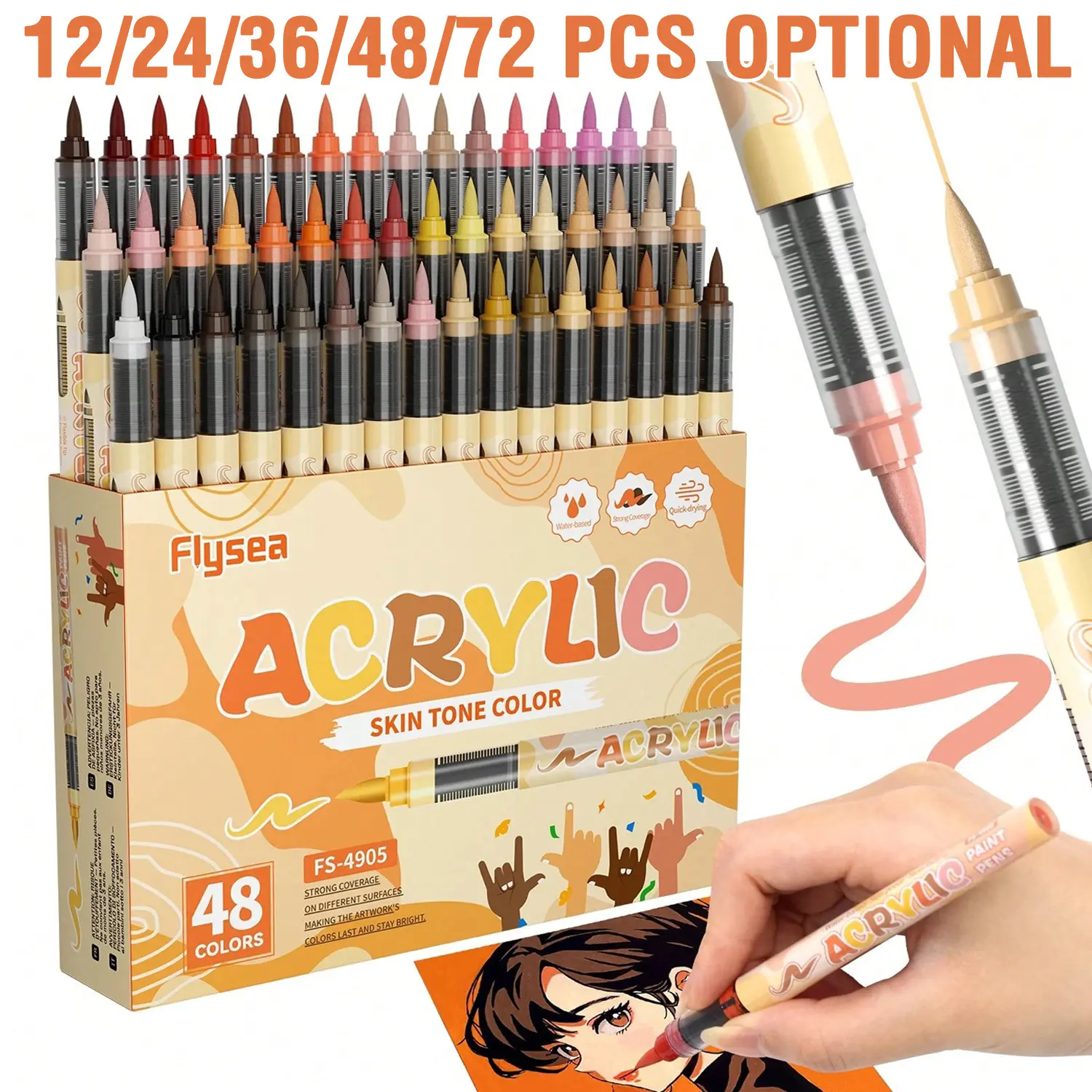 Flysea Liquid Acrylic Markers, 72 Skin Colors & 36 Macaron Shades, 12/24 Gradual Color Set, Professional Art Tools, Perfect Gift, Coloring Markers