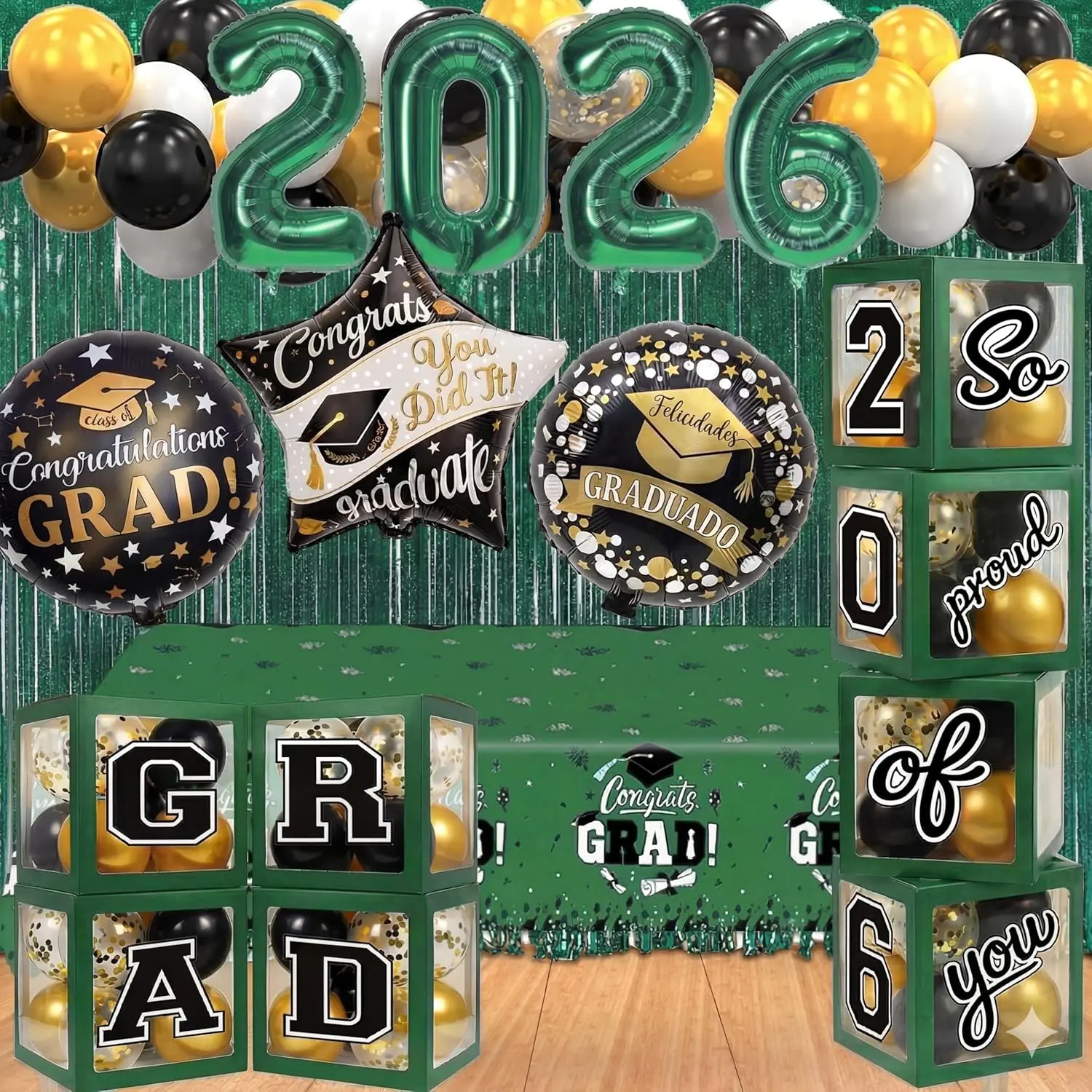 Black-Green Class of 2026 Graduation Decorations Set - Balloon Boxes, Balloon Arch Garland Kit for All Grades, Transparent, High School, Kindergarten, Tablecloth, 1X 2M Dot Garland, 1X Balloon Arch Garland Kit