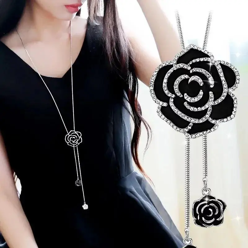 Black Roses Necklaces - Glass Rhinestone Black Rose Flower Pendant, Adjustable Long Cable Chain Bling Jewelry for Daily Elegant Wear, Flowers, Rhinestones, Meaningful Gifts, 0.02Kg, 82Cm, Adjustable Sweater Chain, Metal Coating, Unisex, Crystal