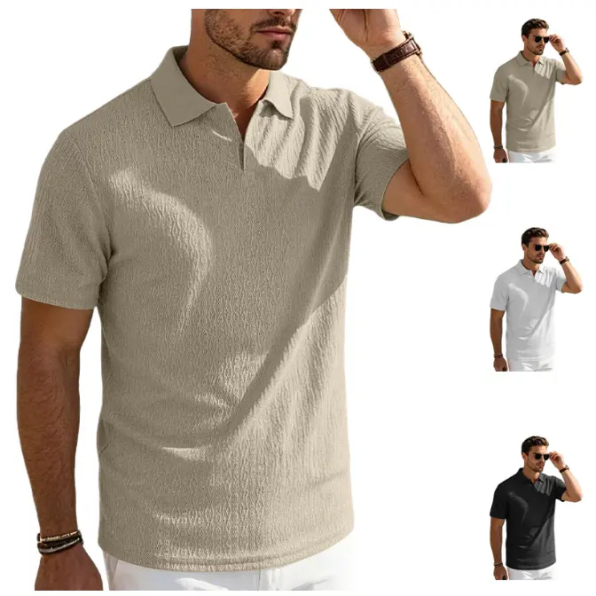 Men's Plain Solid Jacquard Knit Polo Shirt - Regular Fit, Stylish Short Sleeve Collared Top for Summer Daily Wear, National Day Menswear