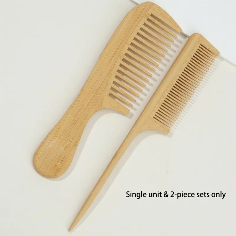 Natural Bamboo and Wood Wide-Tooth Anti-Static Comb 2-Piece Set, with Pointed Tail Parting Design, Smooth Combing to Reduce Pulling, Essential for Daily Styling