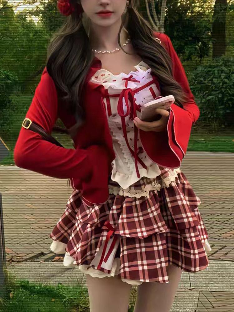 Autumn Sweet Lace Suit Women's Fashion Design Slim Bow Sling Long Sleeve Cardigan Hepburn New Red Plaid Short Skirt 3-piece Set