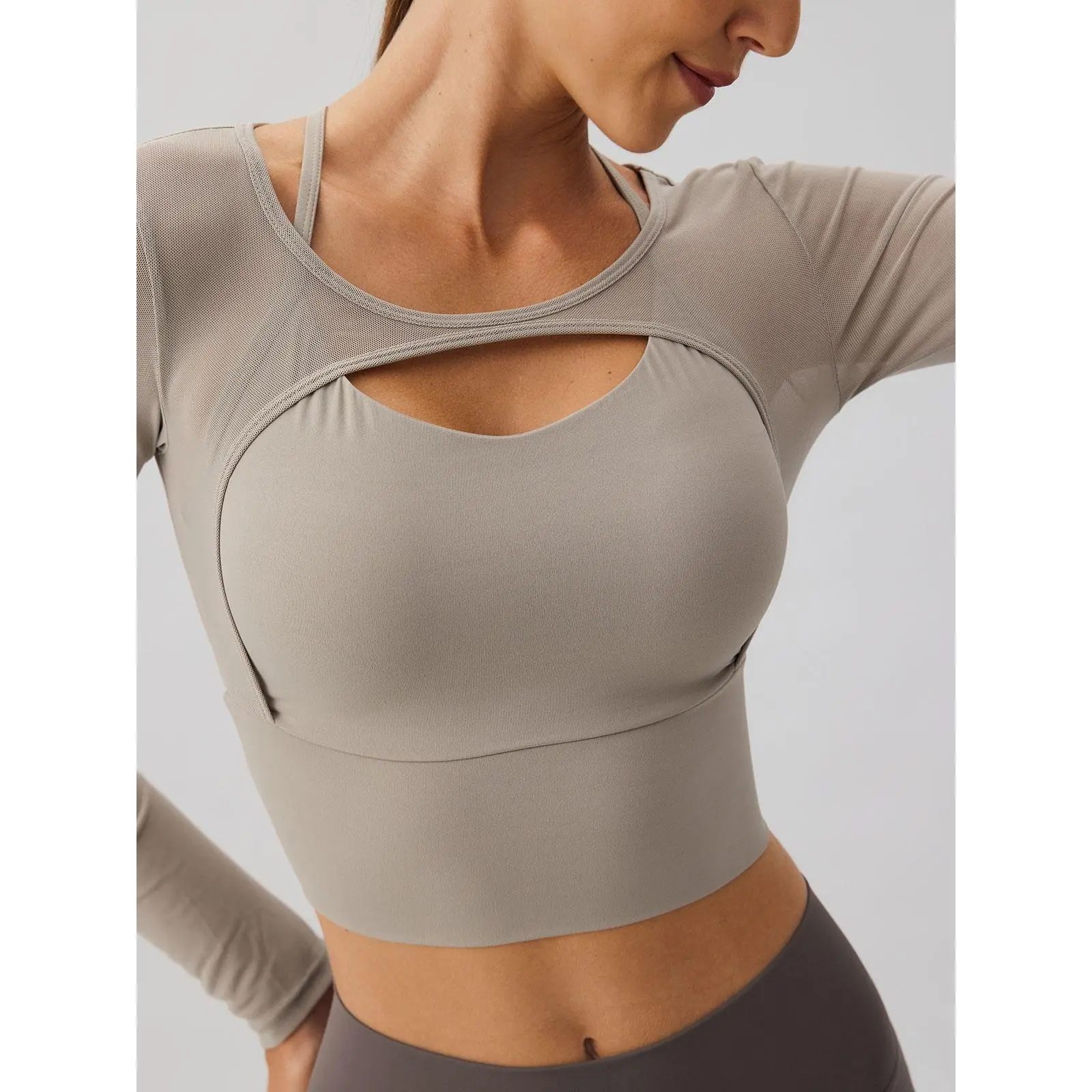 BERLOOK Women's Khaki Cut-Out Halter Long-Sleeve Sports Top - Light Support, Stretchy Spandex-Nylon Fabric, Workout Shirts, Elastic Dry Fit, Fitted Design Activewear, Lightweight Sportswear, Yoga Workout Activewear for Gym