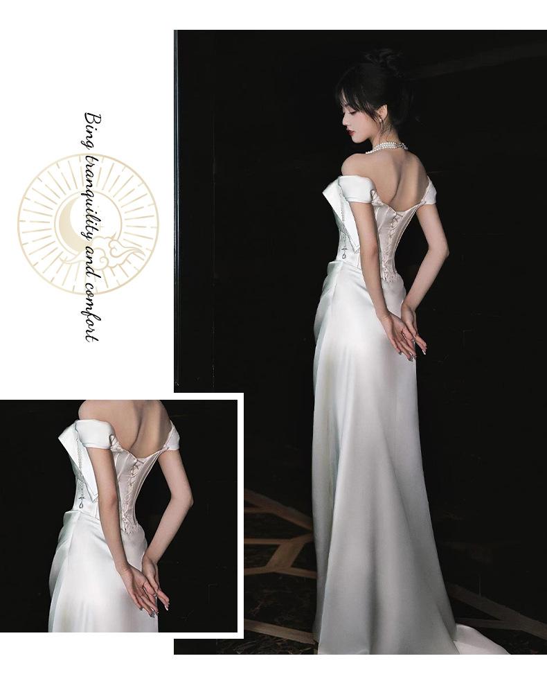 French Off-Shoulder Light Wedding Dress – Bridal Toast Gown, White Engagement Departure Dress, Elegant Banquet Evening Gown