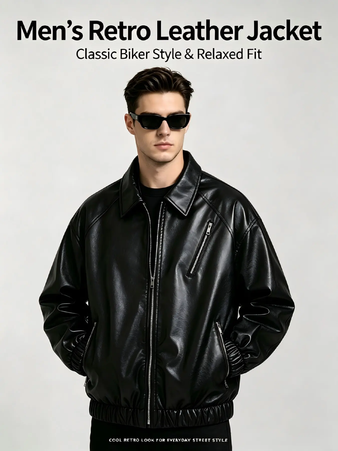 Men's Vintage Leather Jacket, Loose Fit Zipper Motorcycle Coat, Multiple Pockets Windproof Streetwear, Fall Lightweight Commuter Jacket