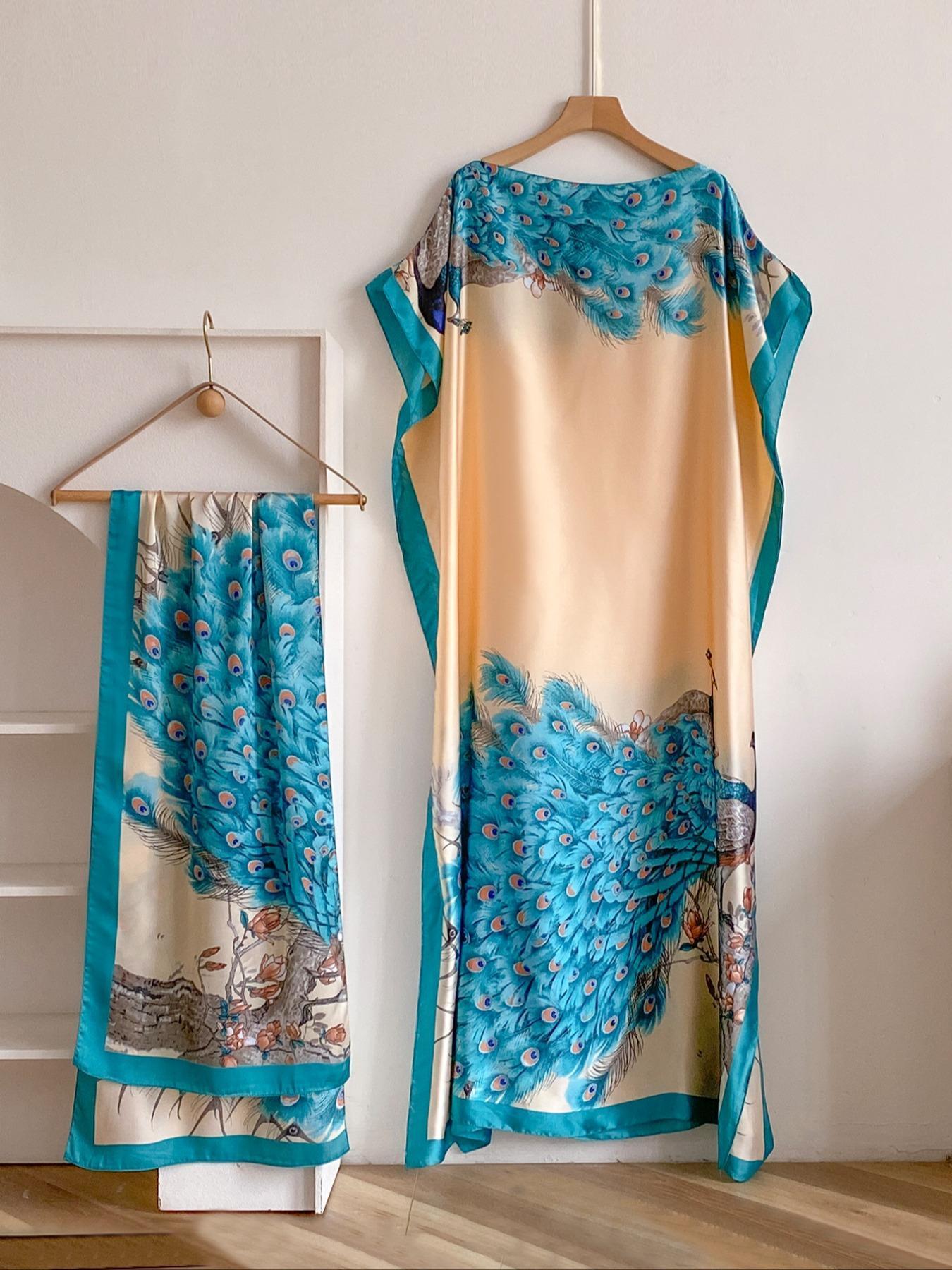 Women's Peacock Print Cape Shawl & Scarf Set, Elegant Beach Cover-Up For Holiday Vacation, Swimsuit Cover Up
