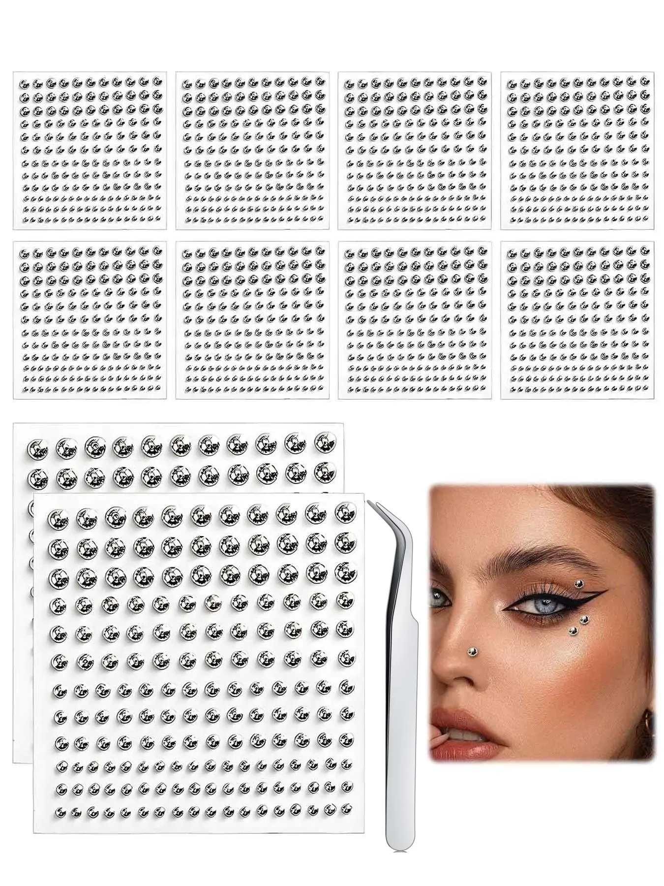 1650PCS Fake Piercing Balls Face Gems Eyebrow Lip Nose Peircings Stickers for Women Men Face Sticker Cool Punk Y2K Makeup 10 Pack