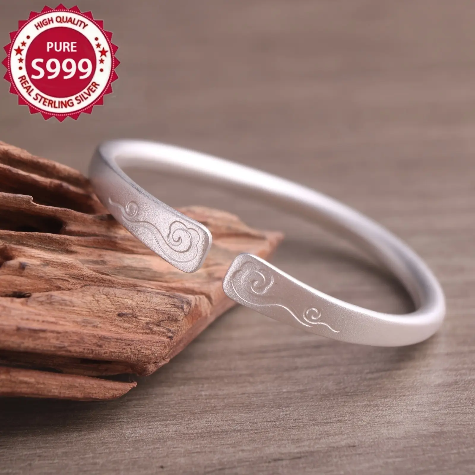Sterling Silvery S999, Silvery Bracelet Allergy-Free Easy to Wear Open Adjustable Silvery Bracelet S999 Silvery Bracelet Bright Face Bracelet Female Xiangyun Solid Ancient Silvery Bracelet