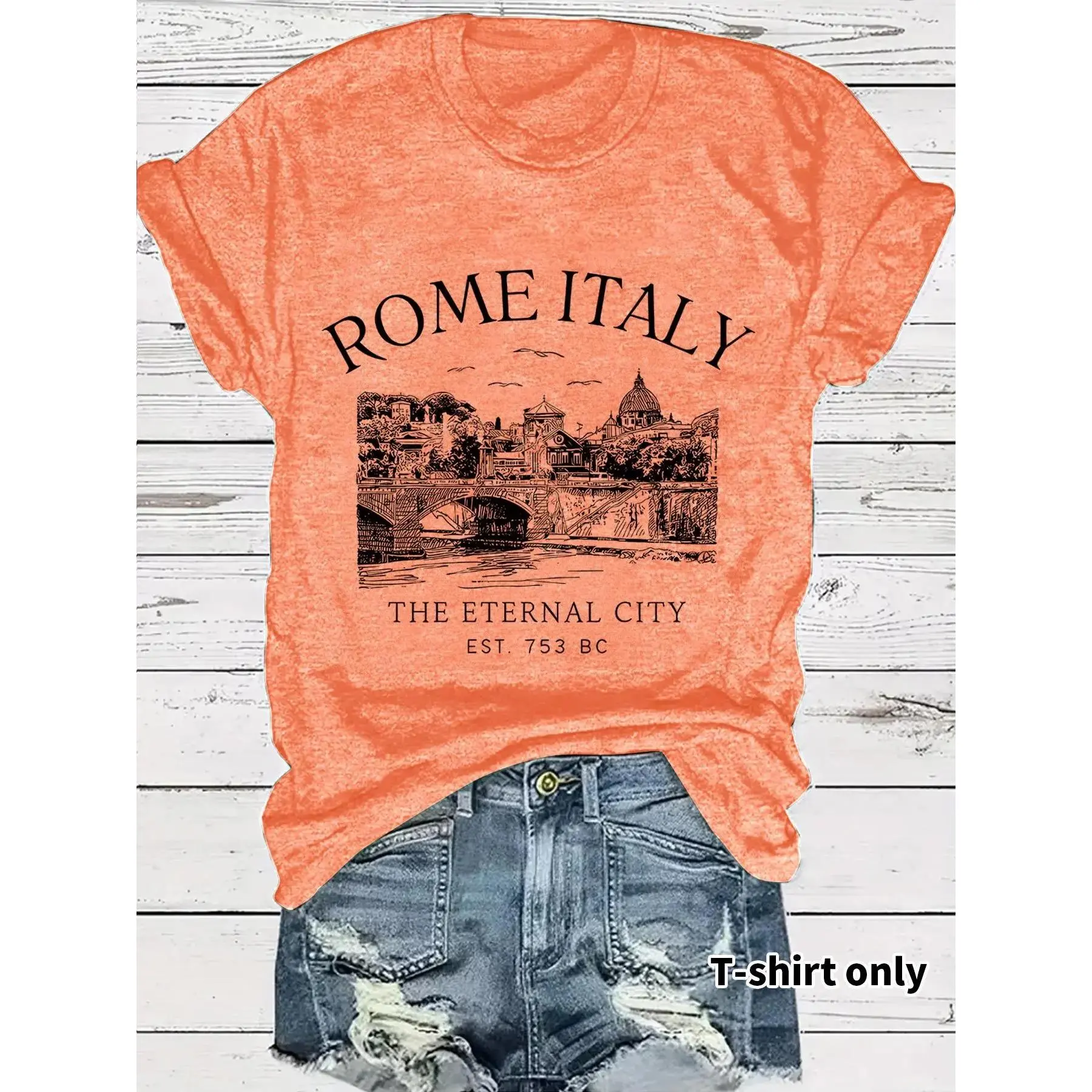 Women's Rome Italy City Print Round Neck Tee Tops, Chic Casual Short Sleeve T-shirt for Summer, Ladies Clothes for Daily Wear, Womenswear