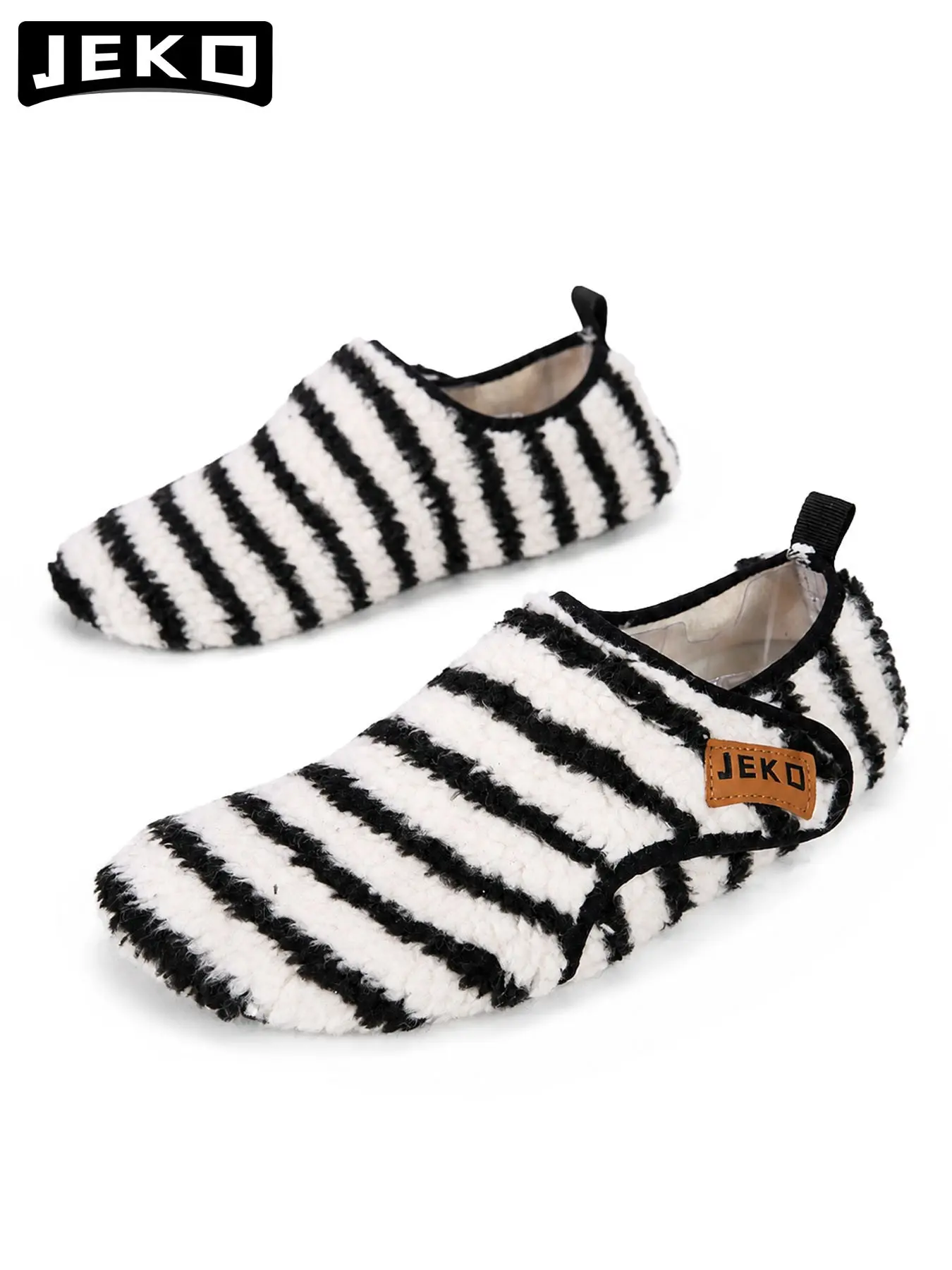 JEKO Unisex Low-Top Striped Sock Shoes & Athletic Slides - Double-Sided Warmth with Adjustable Fit | Silent Non-Slip Rubber Sole Home Slippers for Indoor Wear