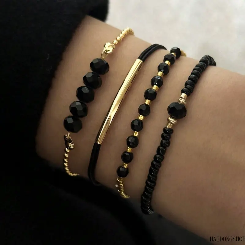 Grunge Alt Viral Handmade Faux Black Crystal 4Pcs Bracelet Set For Women, Stackable Hand Woven Bead Wrist Jewelry, Dark Edgy Accessory For Daily Concert Skate Dating Styling