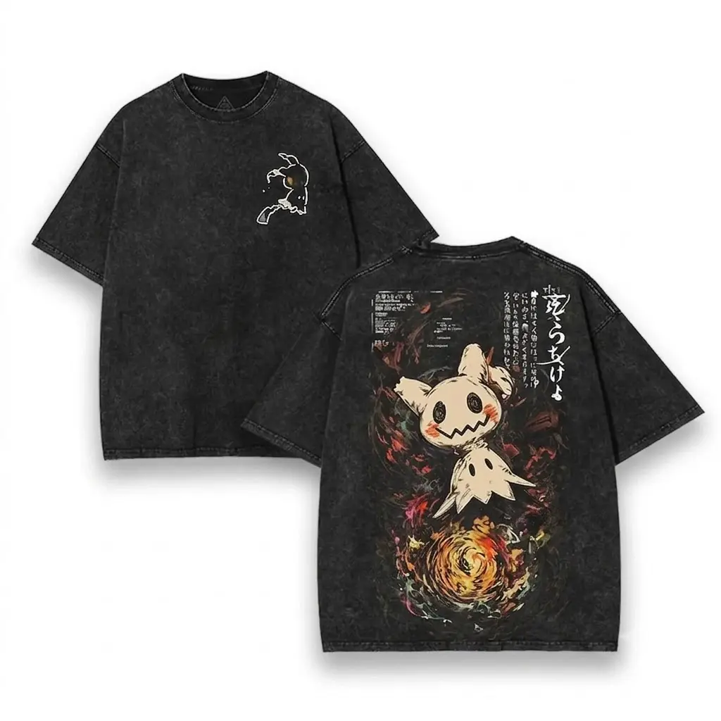 Mimikyu Ghost Double-Sided Vintage Washed Graphic Print T-Shirt for Men, Loose Short-Sleeve Tops, Machine Washable, Shortsleeve