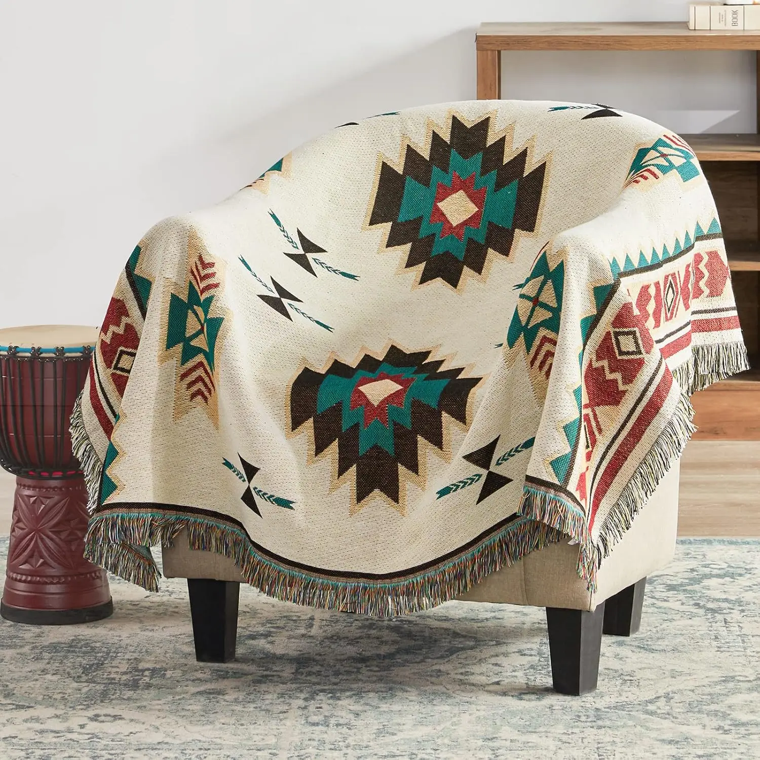 Native American Blanket Western Decor Boho Throw Blanket for Sofa, Mexican Decorative Farmhouse Blanket, Southwest Decor Woven Blankets, Aztec Throw Blankets with Tassel(Beige,50×60 inch)