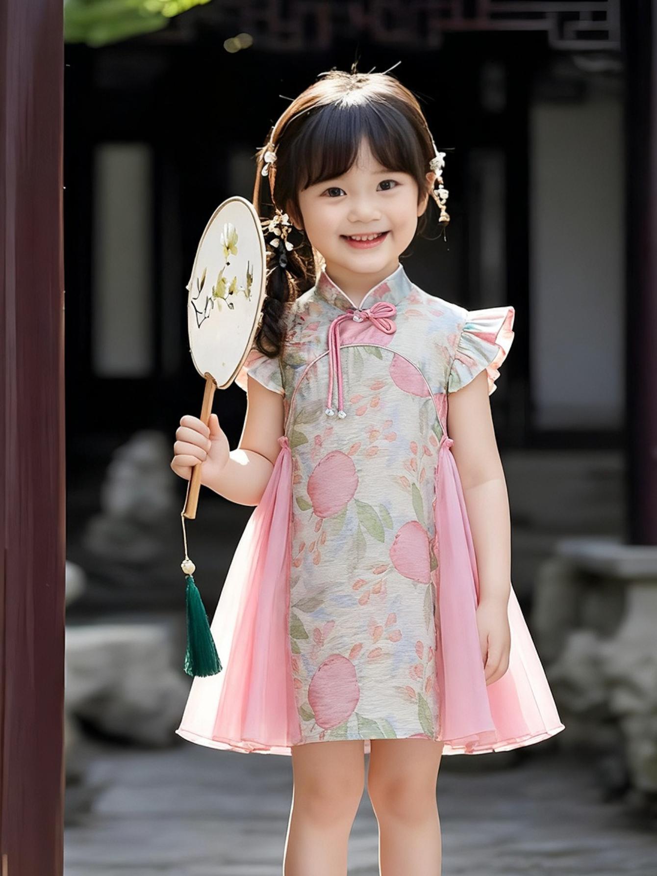 NewNew Cheongsam Dress for Girls Chinese Style Sleeveless Vest with Delicate Flutter Sleeves & Traditional Knot Buttons Ideal for Outdoor Events Festival Shows