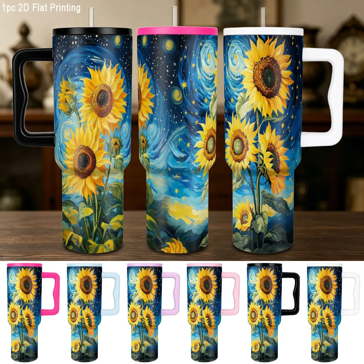 40oz 304 Stainless Steel Vacuum Insulated Travel Mug, Van Gogh Sunflower Print, Double Wall, Leak-Proof Lid, Ideal for Hiking Picnics, Practical Gift