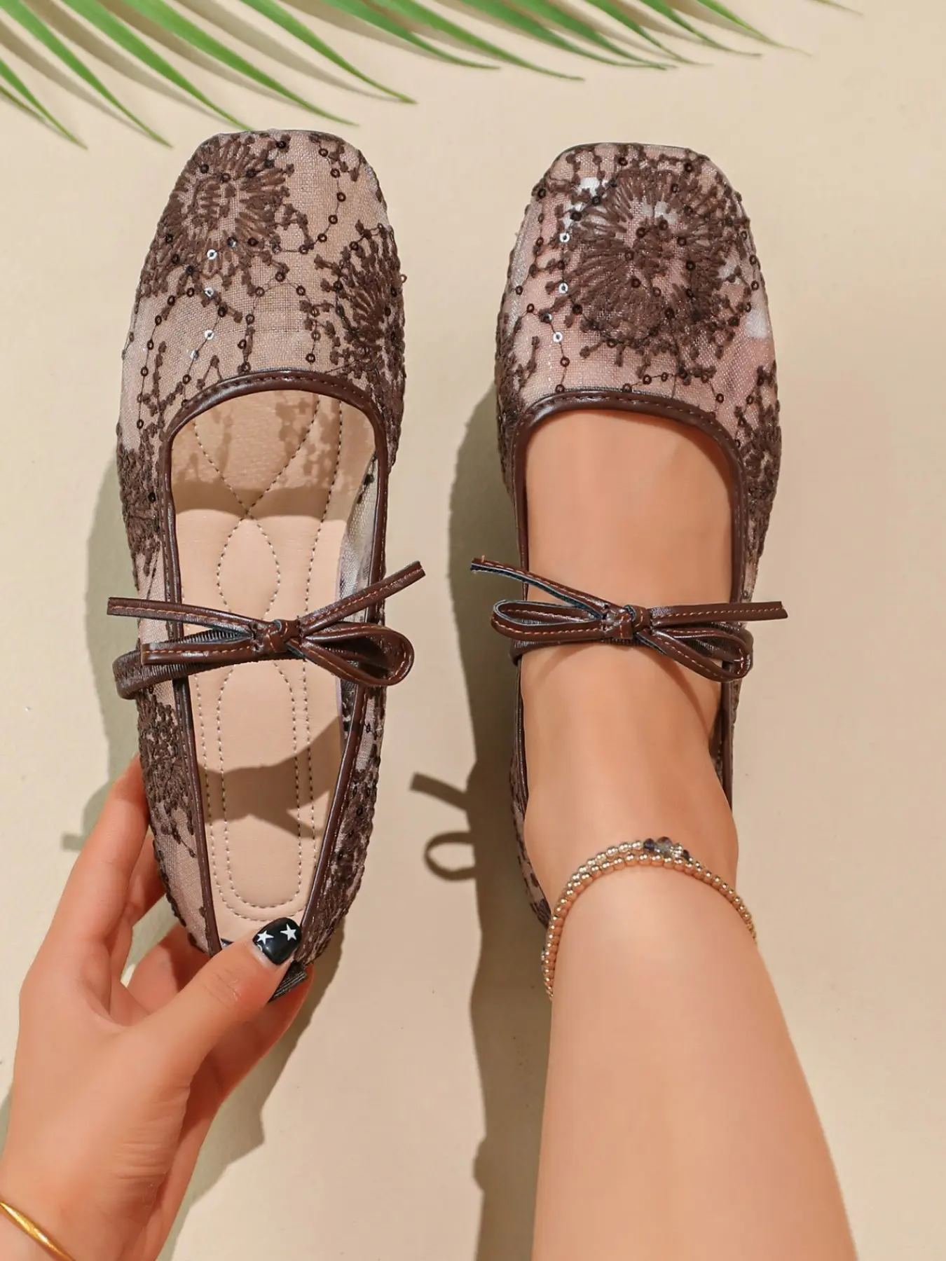 Women's French Style Lace Sequin Bow Mary Jane Flat Shoes, Breathable Mesh Round Toe, Lightweight Comfortable Office Shoes, Breathable Flats