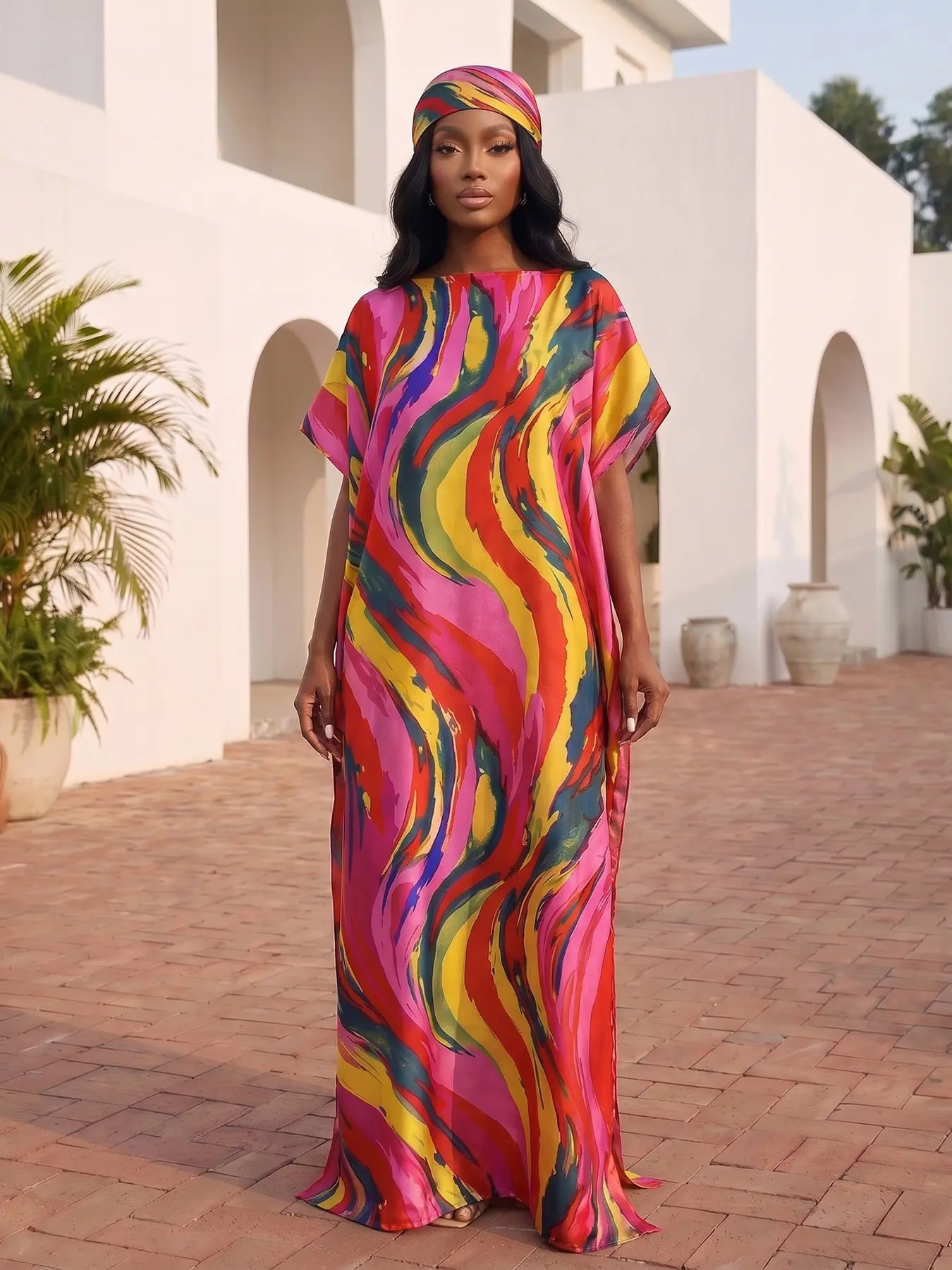 Boho Printed Kaftan Maxi Dress with Matching Headscarf | Bohemian Summer Beach Resort Wear Flowy Long Dress | 3 Colors Available