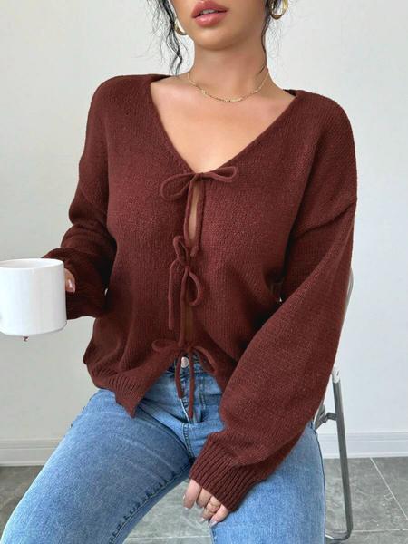 Women's Loose-Fit Shoulder Strap Sweater Cardigan, Solid Butterfly Knot Design, Casual Long Sleeve V Neck Knitwear for Spring & Fall