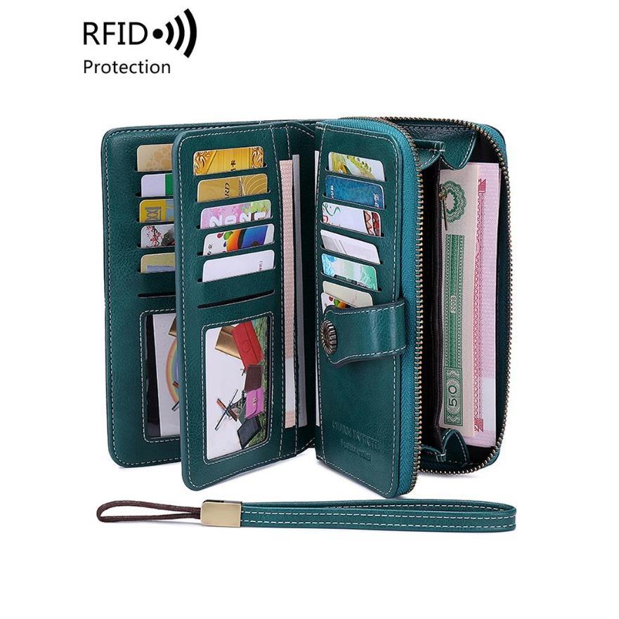 Women's Elegant Solid Color Long Wallet with Wrist Strap, RFID Blocking Zipper Closure, Large Capacity Multi-Functional Daily Purse