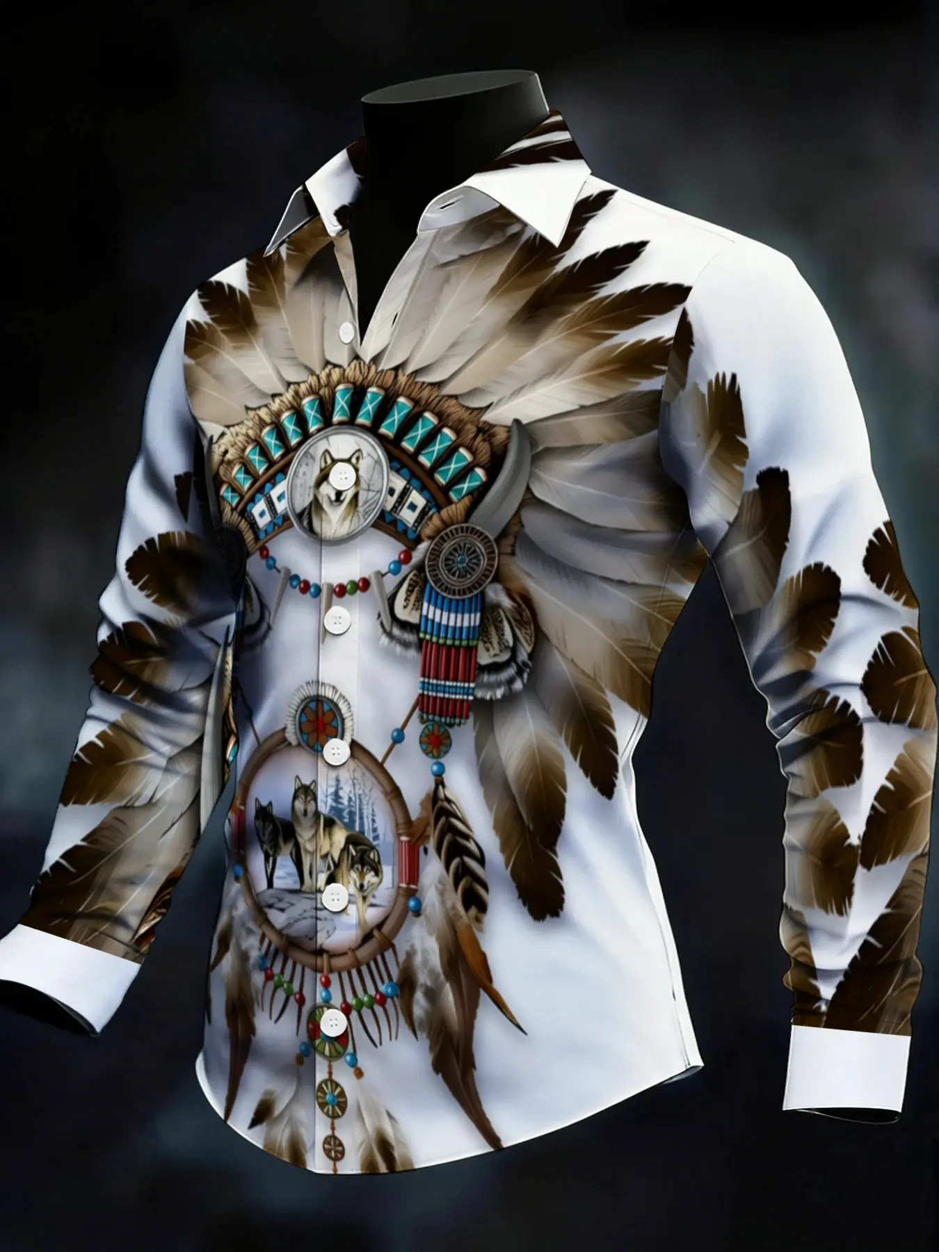Men's Long Sleeve Shirt Indian Style Feather Totem Wolf Pattern Printed Casual Fashion Top, Football Game Day Casual Outfit For Mexican FansSoccer Fan Ethnic Retro Printed For Party Sports Daily Wear