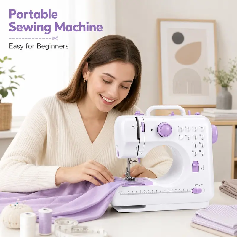 505 Purple Mini Sewing Machine [12 Stitches Portable Electric Sewing Machine with Foot Pedal. User-friendlydesign for starters! Widely used at home for garment making, clothes repair and DIY crafts, lightweight andspace-saving household essential.