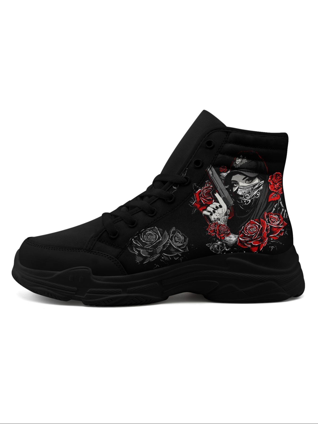 Women's Fashionable Rose & Lady Pattern Lace Up High Top Sneakers, Casual Comfortable Sports Shoes for Daily Wear, Breathable Non-slip Shoes for All Seasons