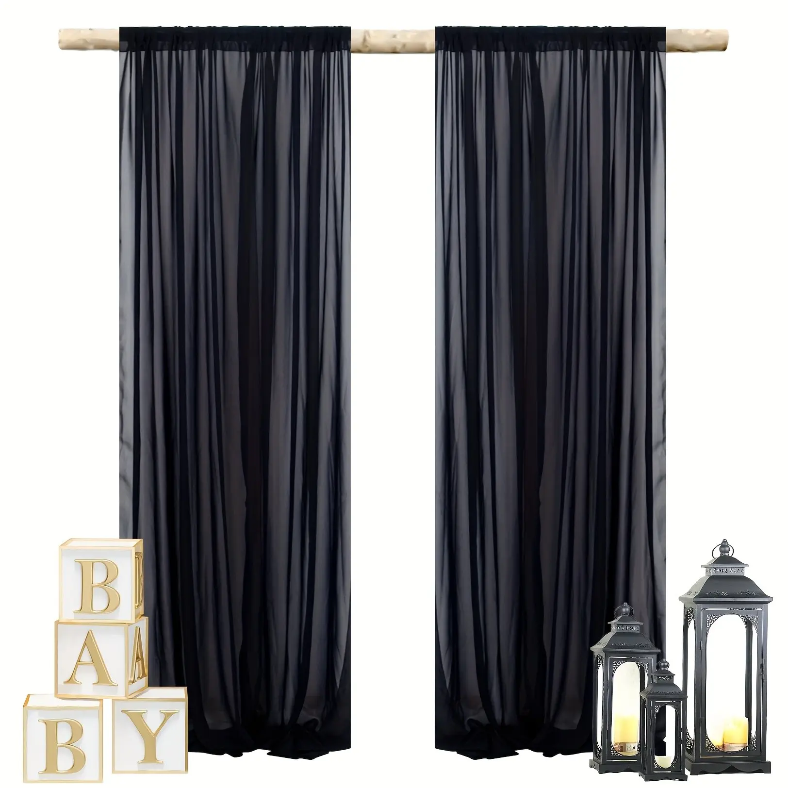 2pcs 2.5Ft (W) X 8Ft (H) / 5Ft (W) X 8Ft (H) Black Chiffon Fabric Tulle Backdrop Curtain for Bathroom, Living Room And Party Decorations And Supplies, for Both Indoor And Outdoor Use