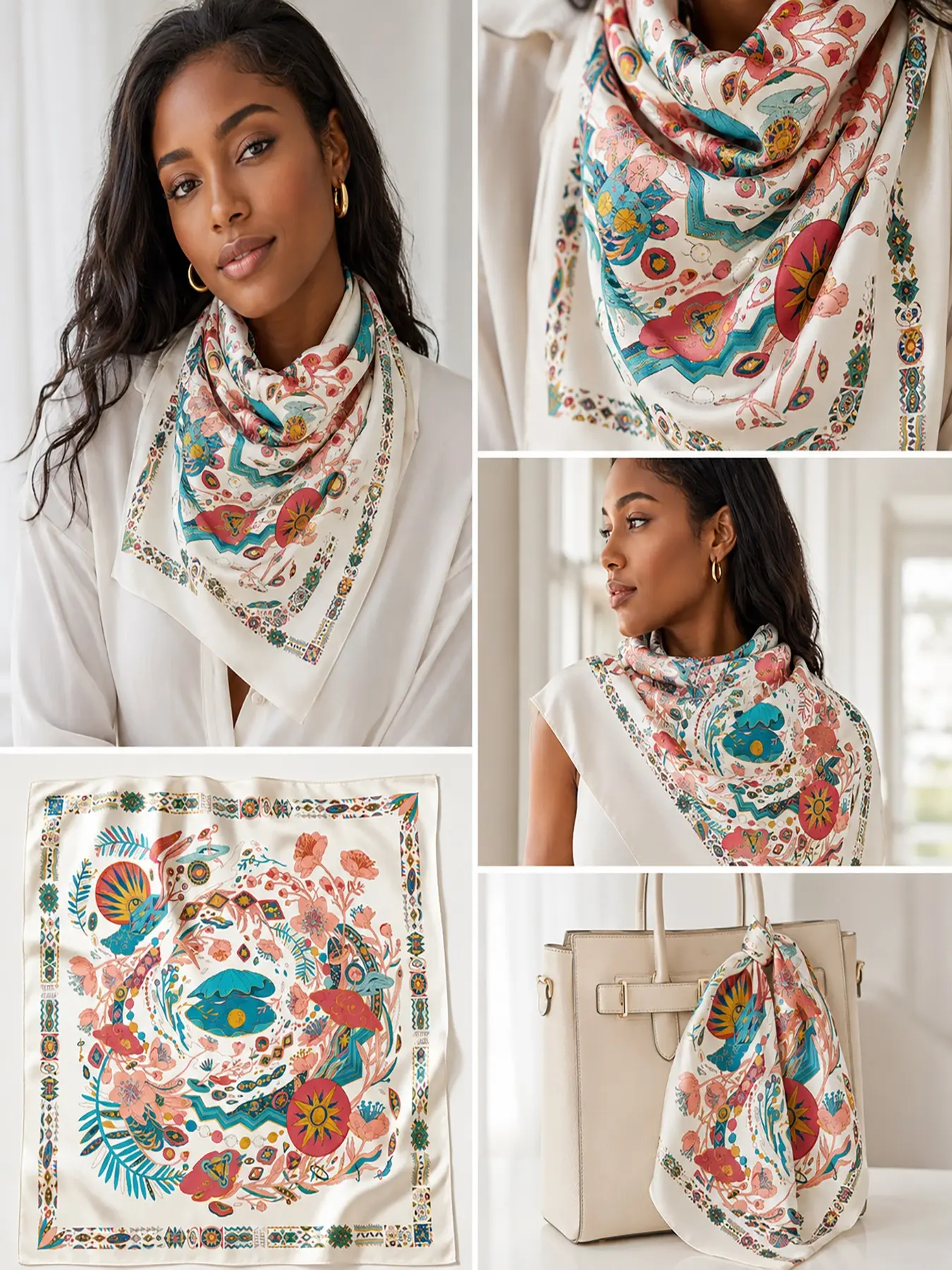 Women Boho Floral Bird Print Square Scarf, Vintage Paisley Border, Colorful Cream Hair Bandana, Elegant Casual Accessory