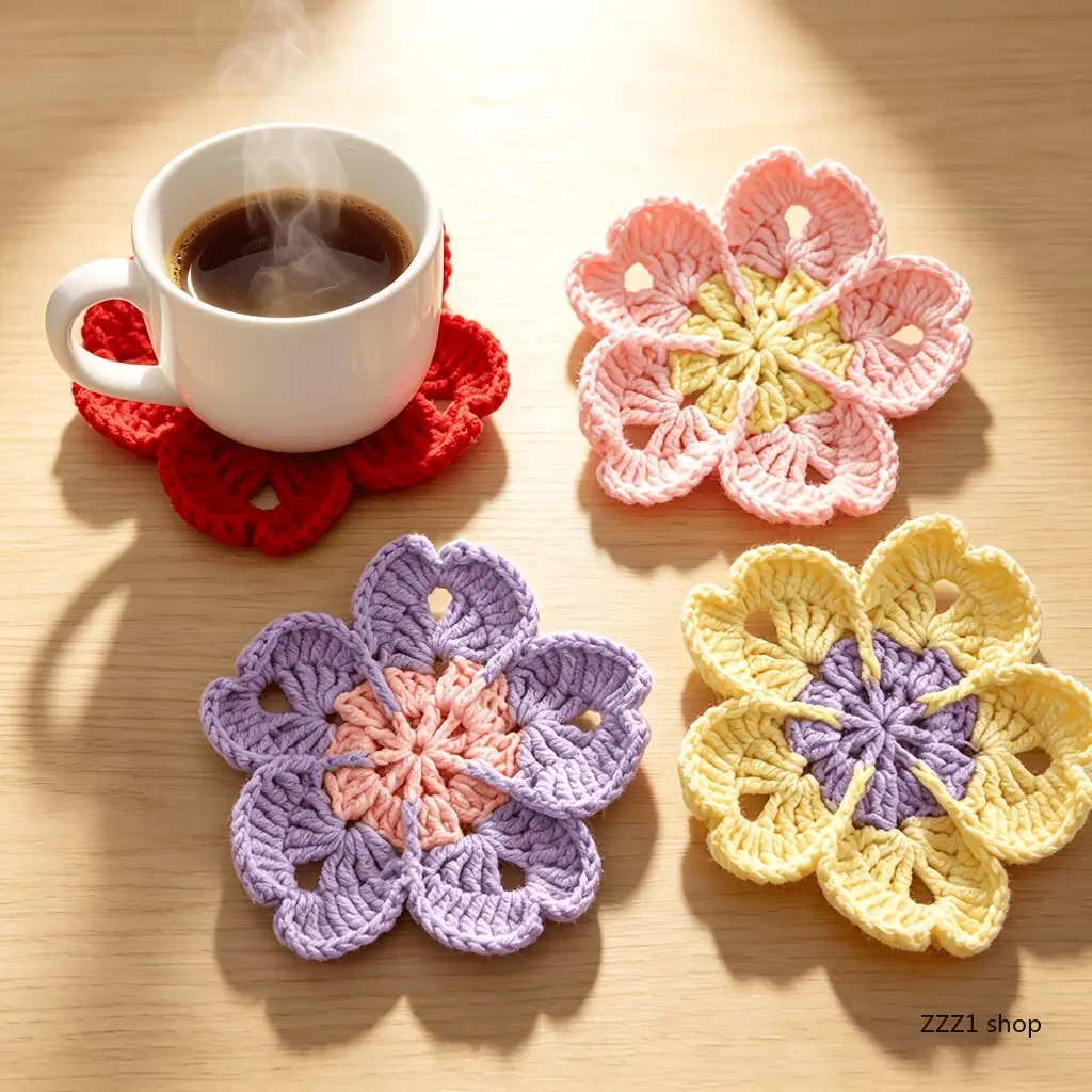 Handmade Crochet Coasters, Set of 4 Japanese Style Cherry Blossom Non-Slip Drink Tableware, Cute Girly Gift for Best Friends