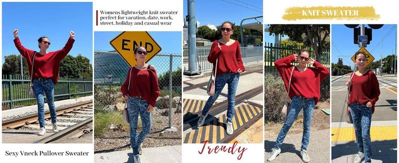 FMEYOA Casual Women's V Neck Long Sleeve Knit Loose Oversized Pullover Comfy Sweater Top