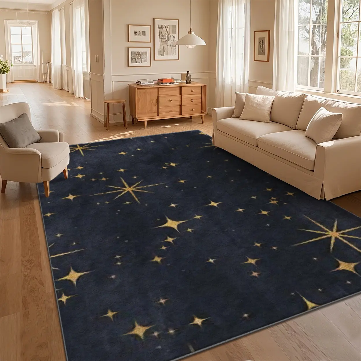 Retro Boho Farmhouse Polyester Runner Rug - Celestial Night Starry Print, Anti-Slip Base, Washable, Multi Sizes, Living Room/Bedroom/Nursery Decor, Local Delivery, Customised