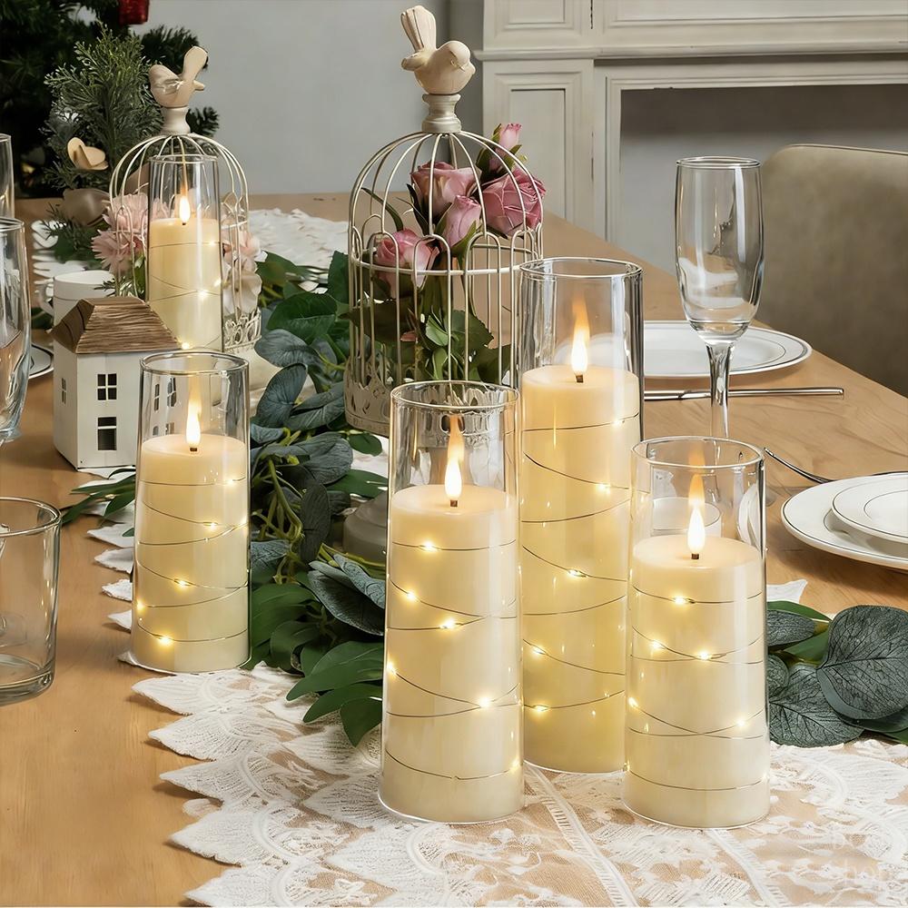5pcs Flameless LED Candles with Embedded Star String, Battery Operated Acrylic Pillar Candles with Timer and Remote, Flickering Candles for Romantic Ambiance and Home Decoration Mood Decorative,Valentine's Day, Mother's Day