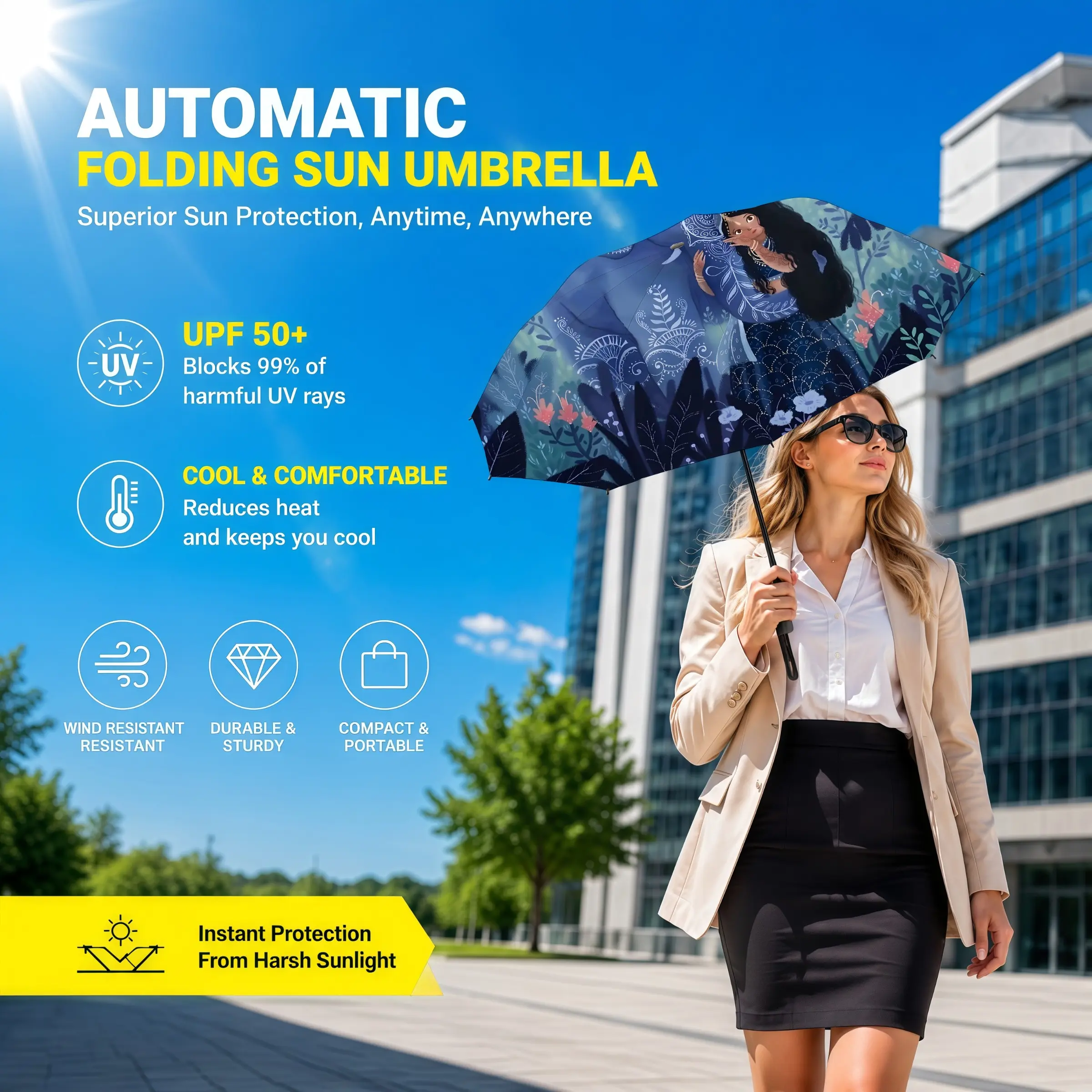 1pc Foldable Automatic Umbrella, featuring both rainproof and sun protection functions. Lightweight and portable, it can open and close automatically. Suitable for both men and women, it is ideal for daily use and an essential item for travel.