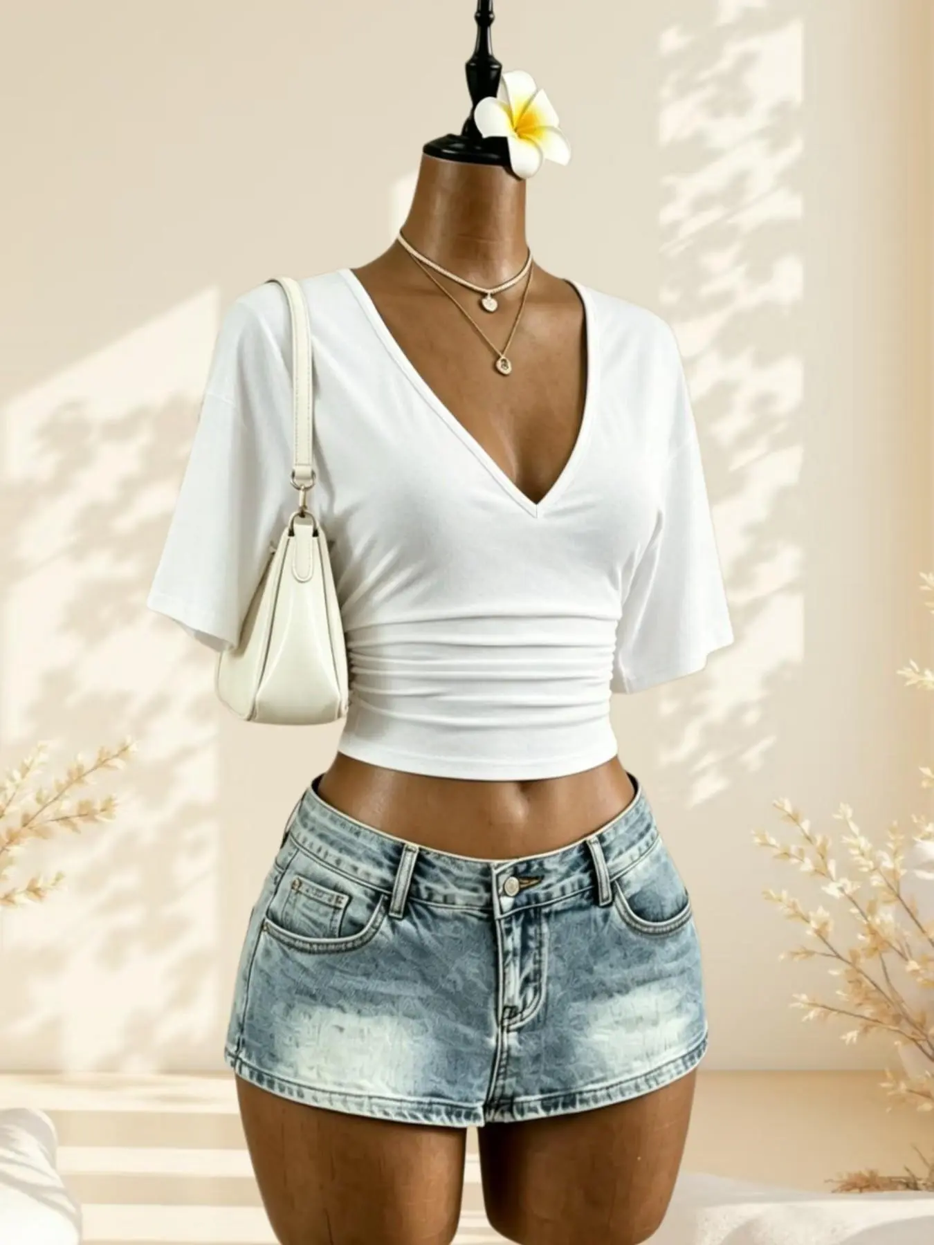 Minimalist Casual Summer V-Neck Ruched Short Sleeve Top, High Waist Slim Fit, Versatile Basic Women's T-Shirt, Casual Comfy Tee, Single Piece