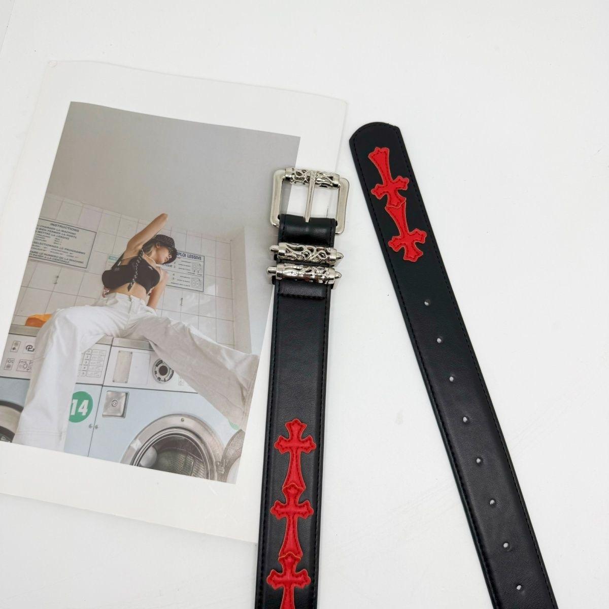 Punk Ste Cross PU Leather Belt| Lychee Pattern Colorful Design Unisex| Daily Outing Party Outfit Essential| Vine Roller Buckle Unique Trendy