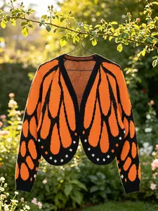 Women's Butterfly Print Knitted Cardigan, Casual Retro Front Open Long Sleeve Sweater, Cute Print Fairy Style Fall Knit Coat
