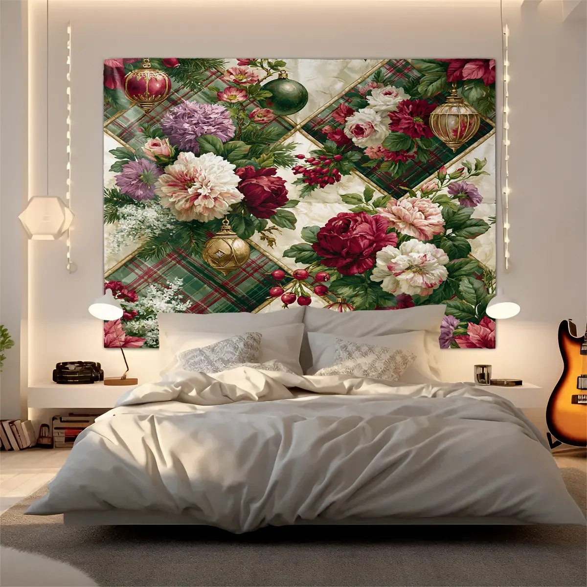 1pc Christmas Floral Tapestry, Vintage Plaid Rose Hydrangea Christmas Ornament Wall Tapestry, high-definition printed, soft and durable, can be used as wall backdrop or wall decor, a great aesthetic decor item to upgrade your bedroom, dorm or living